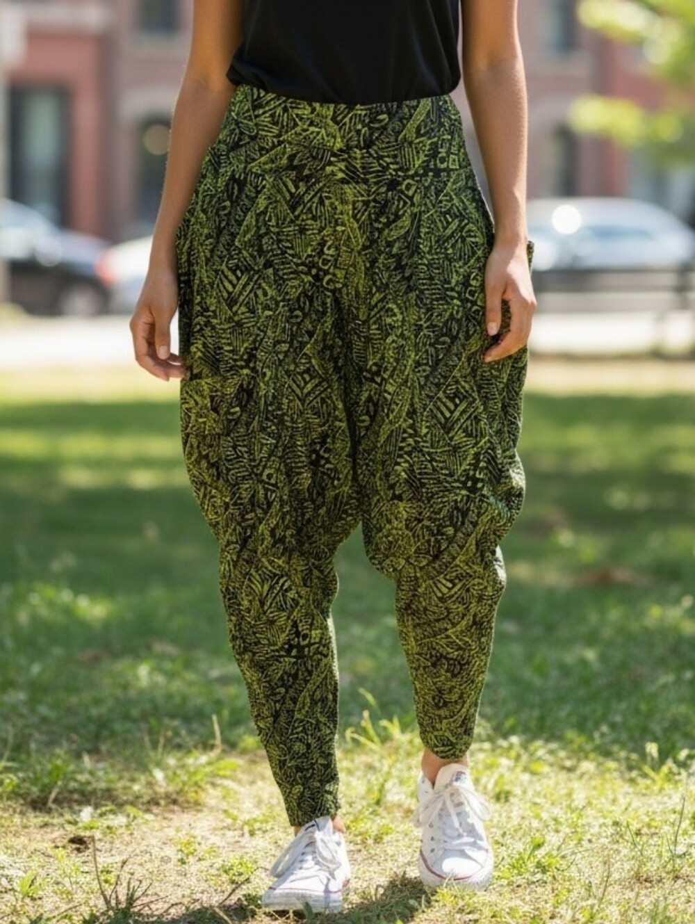 eye candy Olive Green Leaf-Print Wide Leg Harem Pants